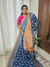 Semi Ghicha Flamingo Printed Saree - Blue with Brown