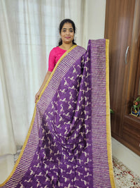 Semi Ghicha Flamingo Printed Saree - Purple with Yellow