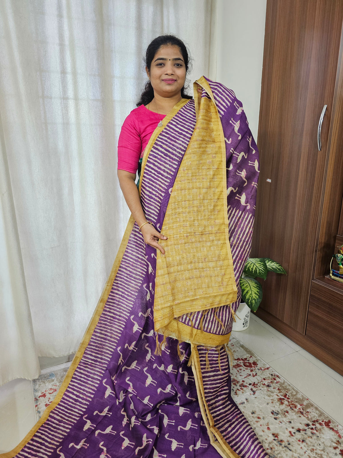 Semi Ghicha Flamingo Printed Saree - Purple with Yellow