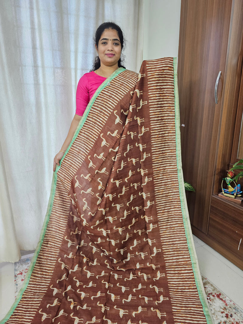 Semi Ghicha Flamingo Printed Saree - Brown with Pita Green