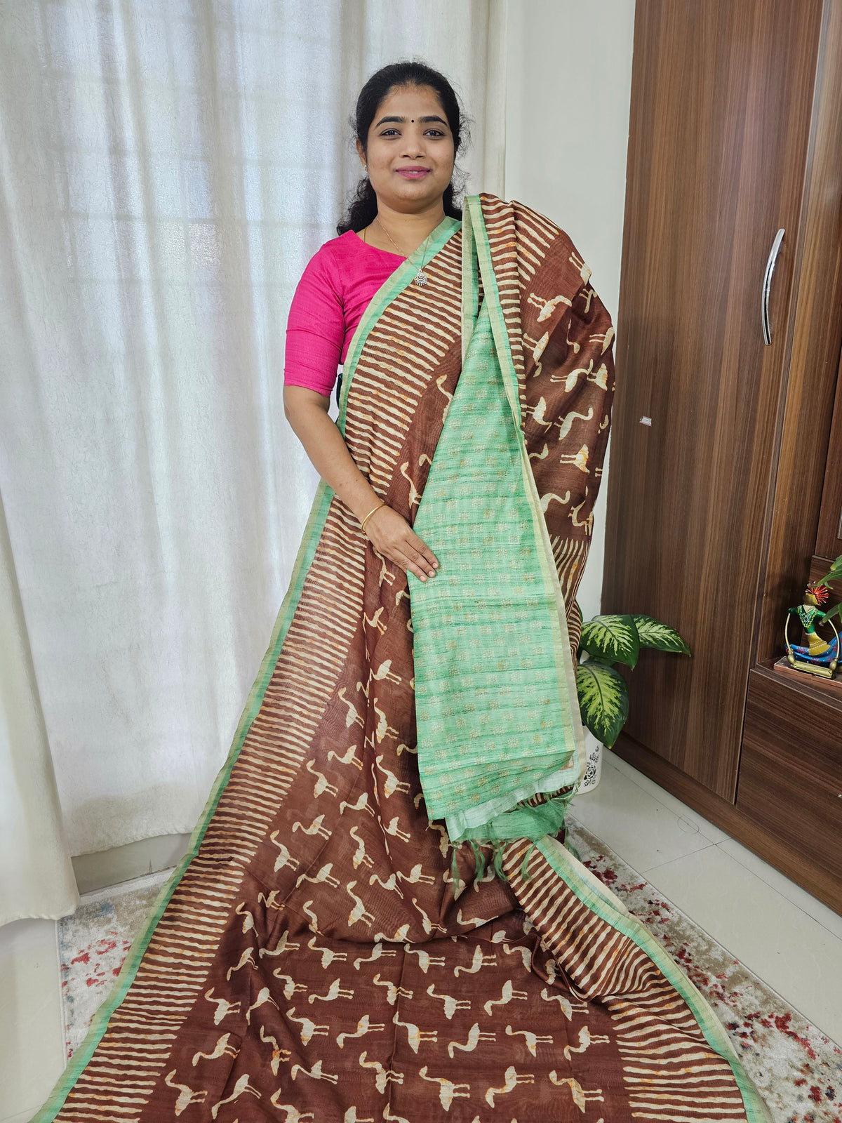 Semi Ghicha Flamingo Printed Saree - Brown with Pita Green