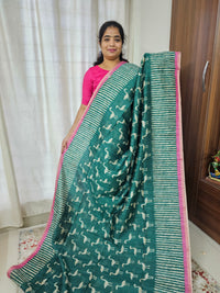 Semi Ghicha Flamingo Printed Saree - Dark Green with Pink