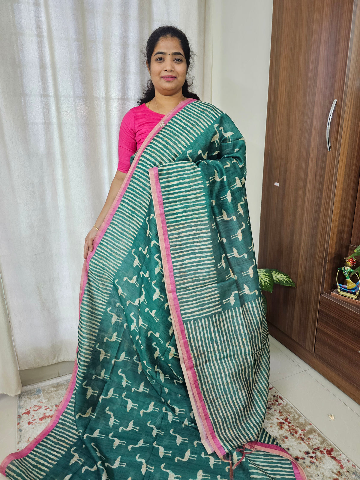 Semi Ghicha Flamingo Printed Saree - Dark Green with Pink