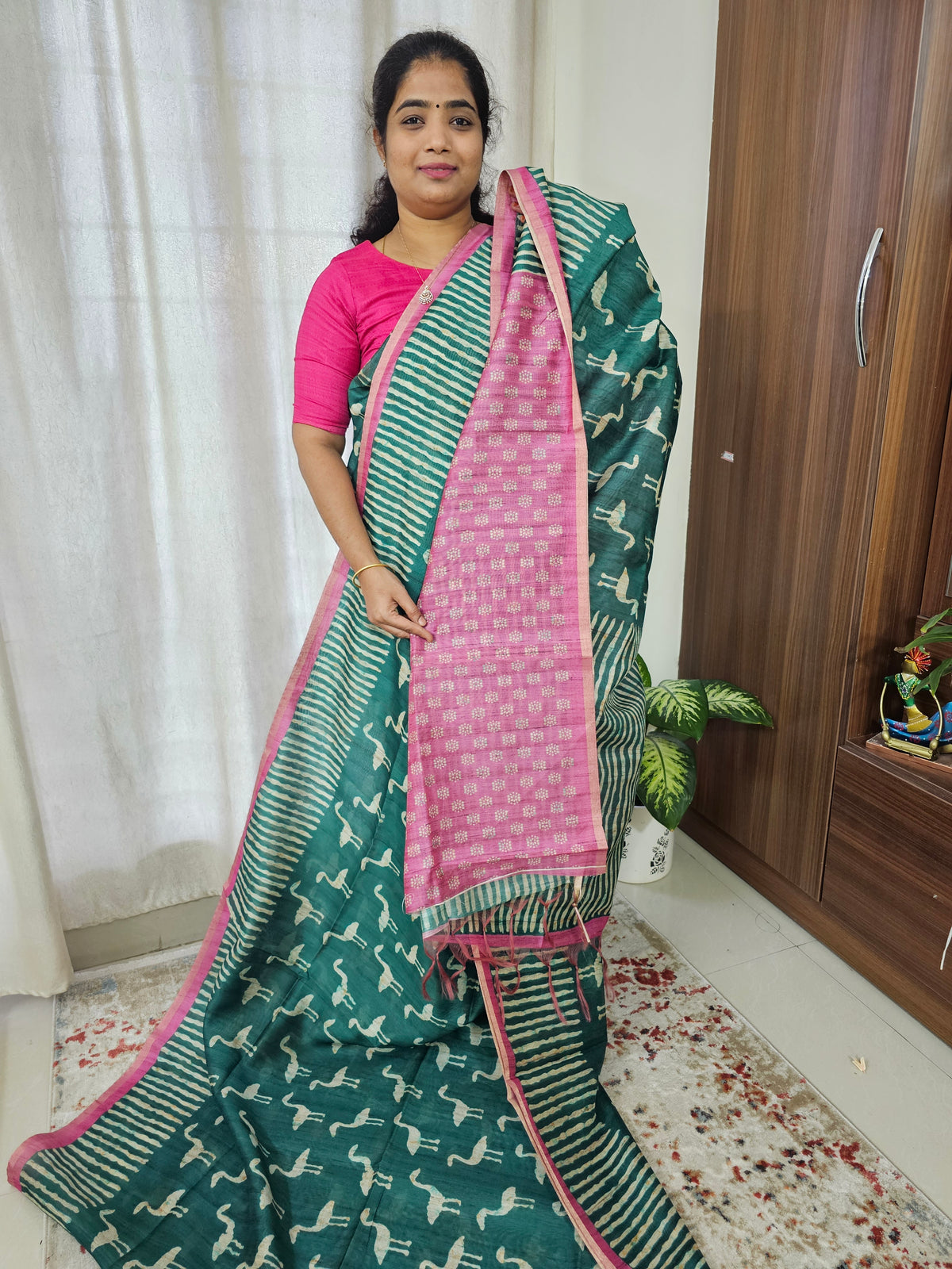 Semi Ghicha Flamingo Printed Saree - Dark Green with Pink