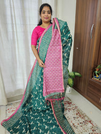 Semi Ghicha Flamingo Printed Saree - Dark Green with Pink