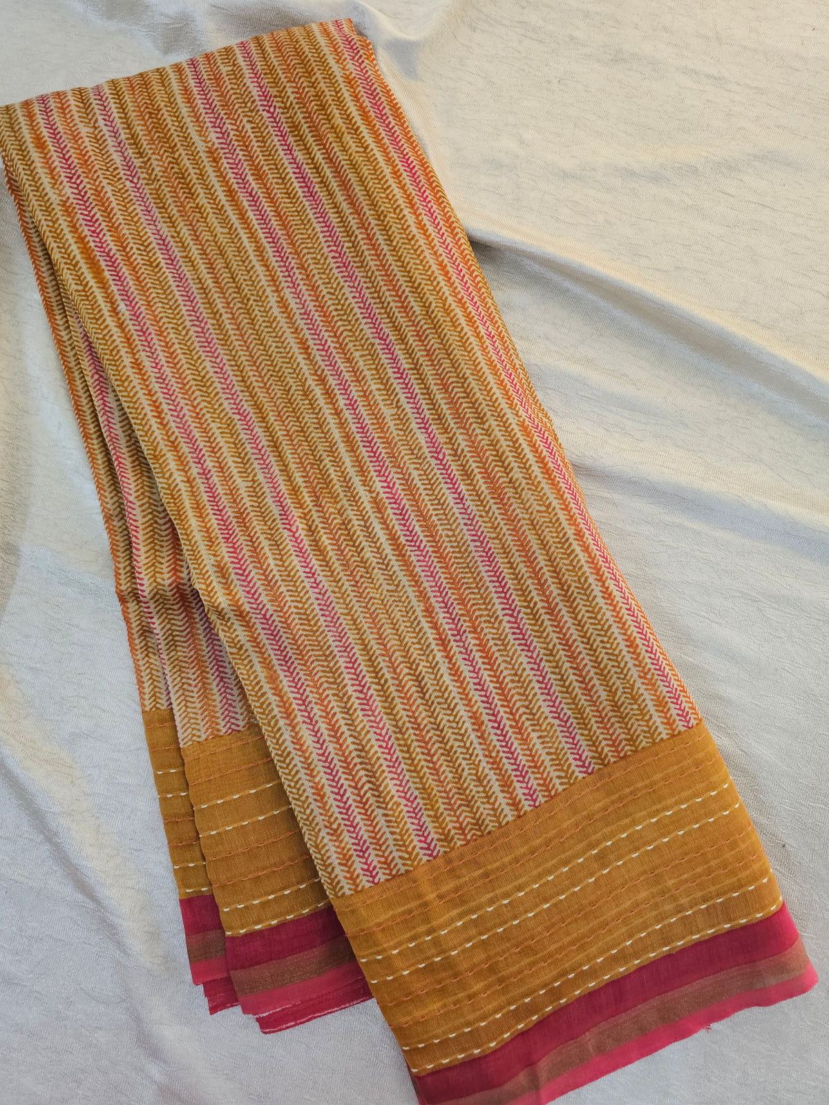 Pure Chanderi Butter Silk - Mustard Yellow with Red