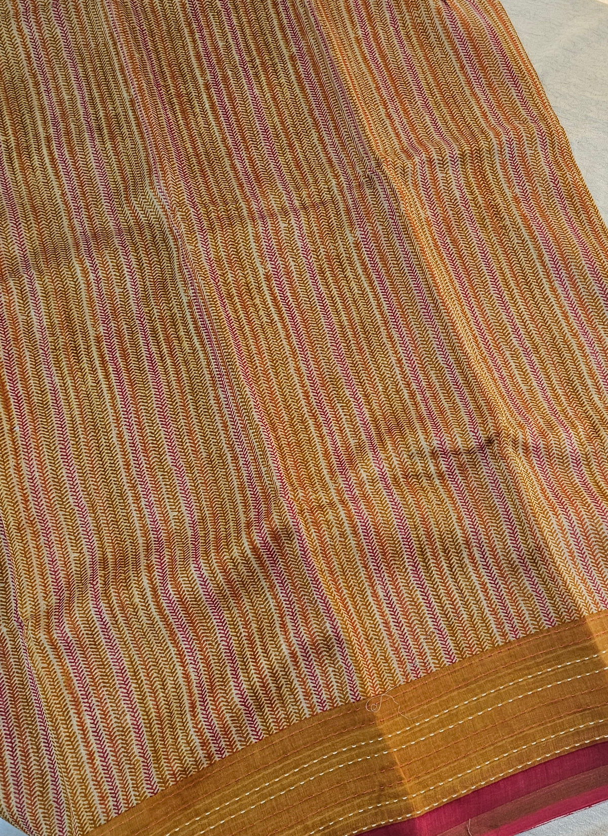 Pure Chanderi Butter Silk - Mustard Yellow with Red