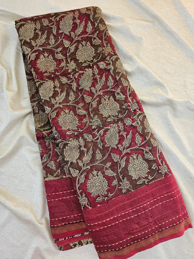 Pure Chanderi Butter Silk - Brown with Red