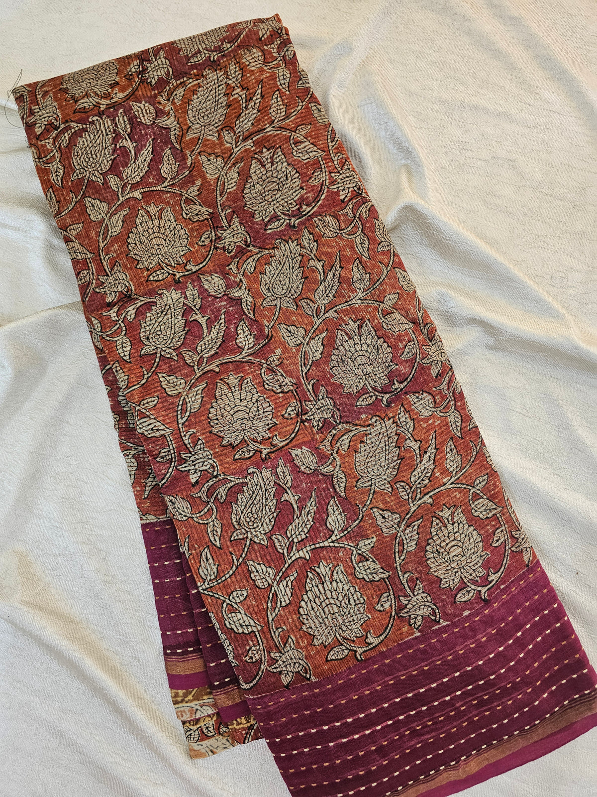 Pure Chanderi Butter Silk - Orange with Maroon