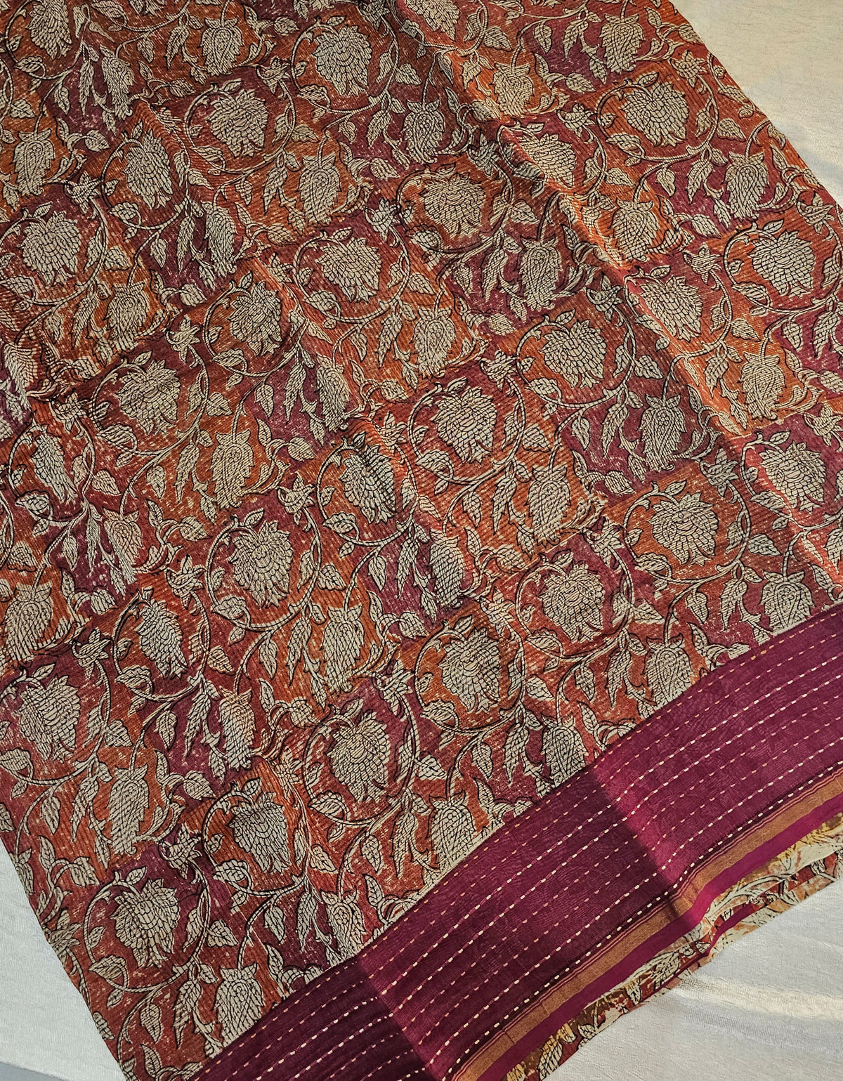 Pure Chanderi Butter Silk - Orange with Maroon