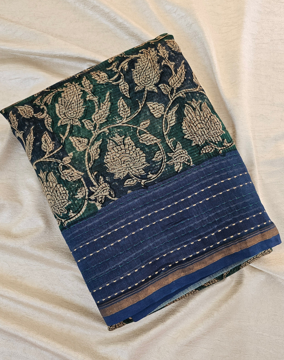 Pure Chanderi Butter Silk - Peacock Green with Blue