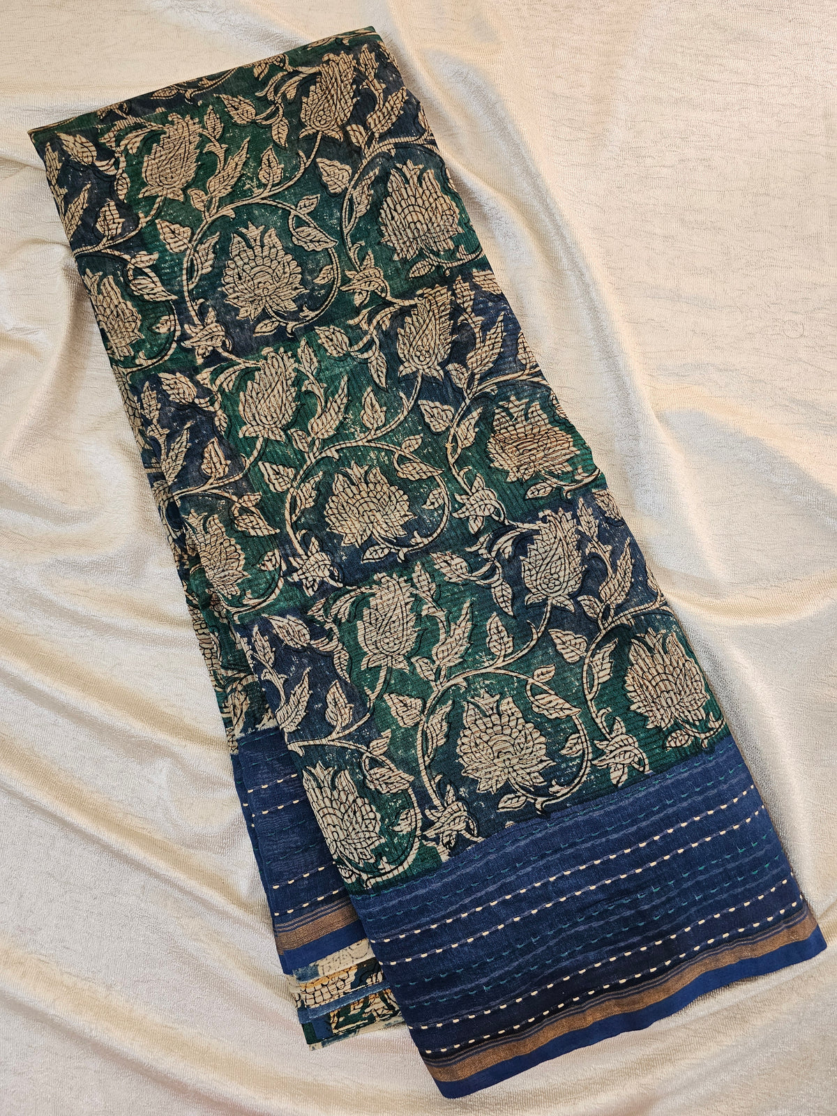 Pure Chanderi Butter Silk - Peacock Green with Blue