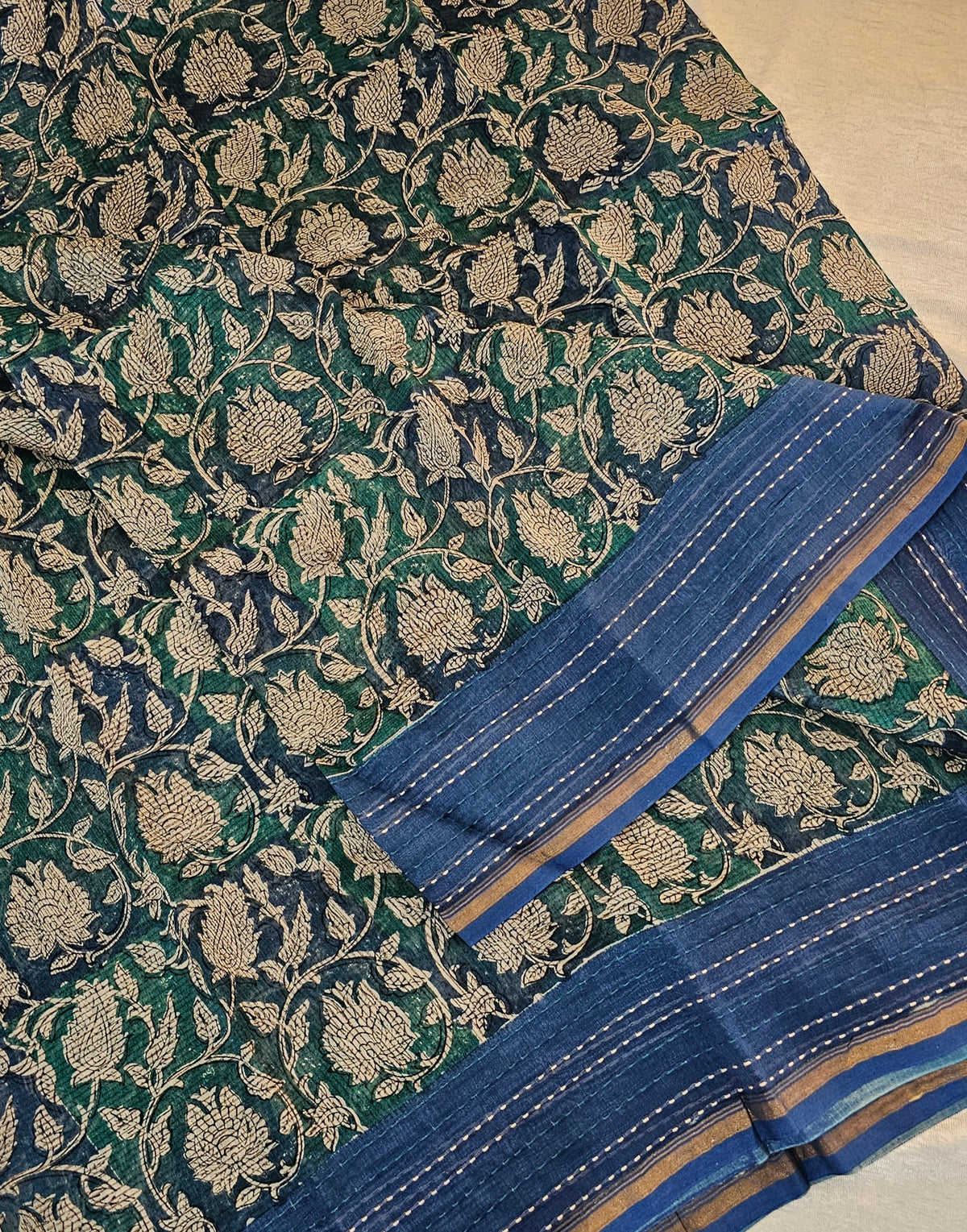 Pure Chanderi Butter Silk - Peacock Green with Blue