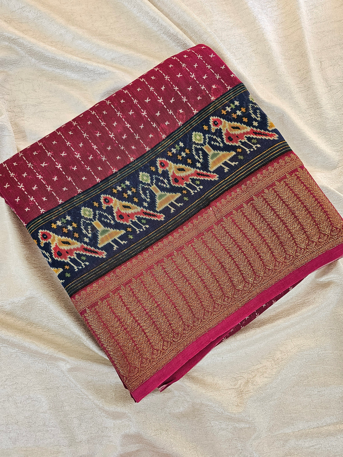 Pure Chanderi Butter Silk - Magenta Pink with Blue