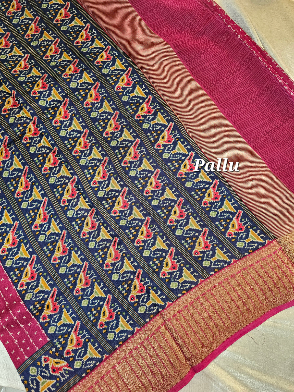 Pure Chanderi Butter Silk - Magenta Pink with Blue