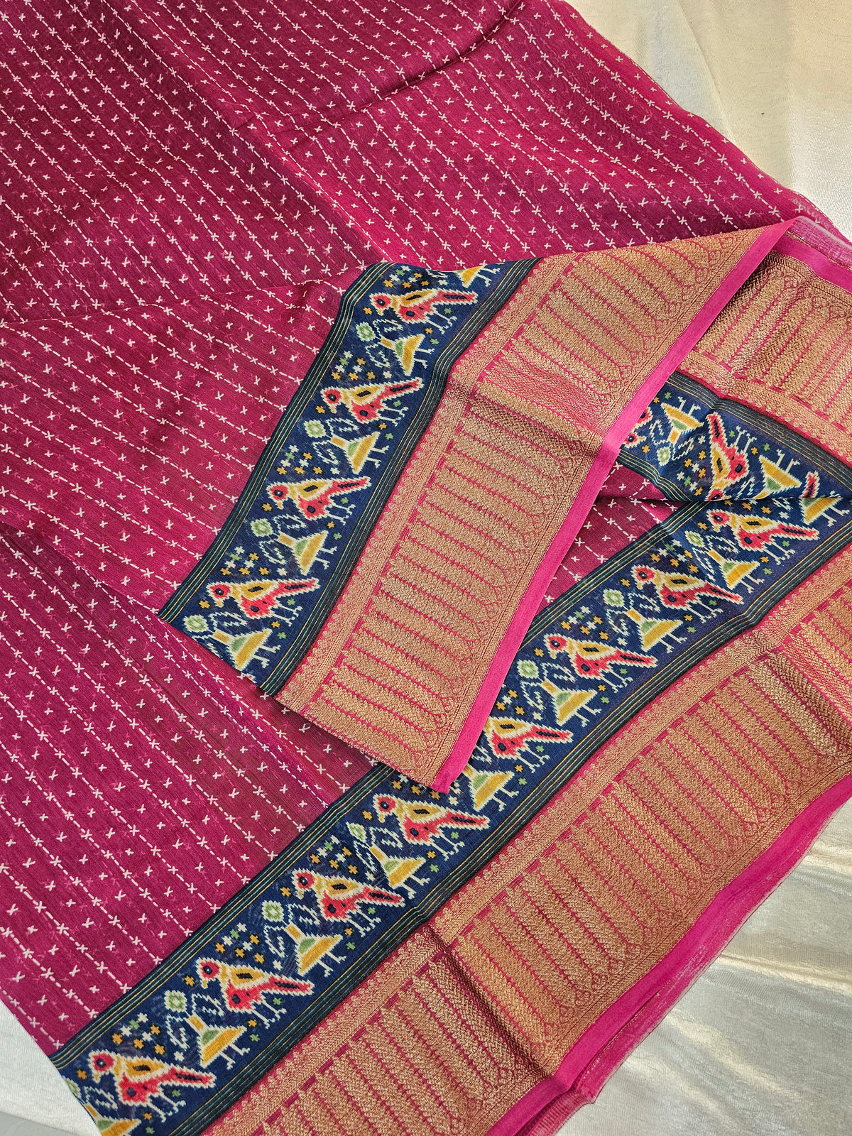 Pure Chanderi Butter Silk - Magenta Pink with Blue