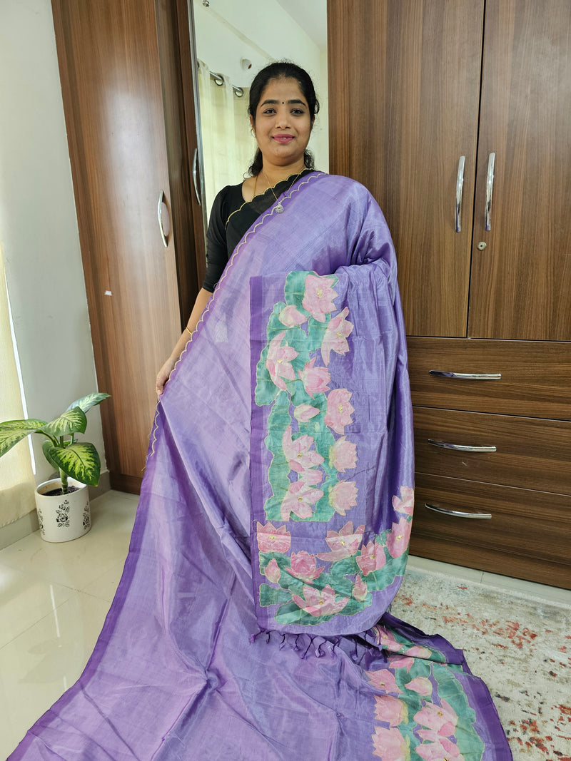 Handwoven Mangalagiri Pattu Saree with Floral Patch Work - Lavender