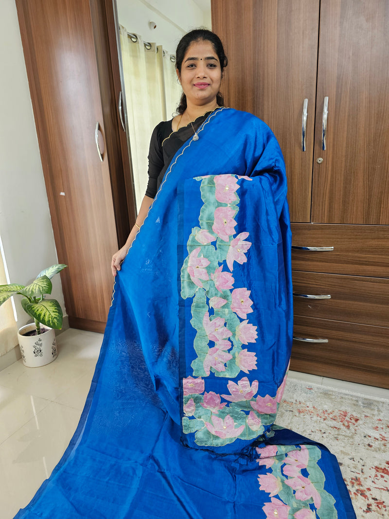 Handwoven Mangalagiri Pattu Saree with Floral Patch Work - Peacock Blue