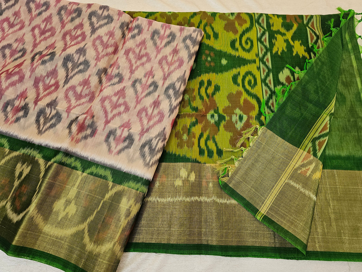 Cream with Green Pochampally Ikkat Silk Cotton (SICO Pattu)