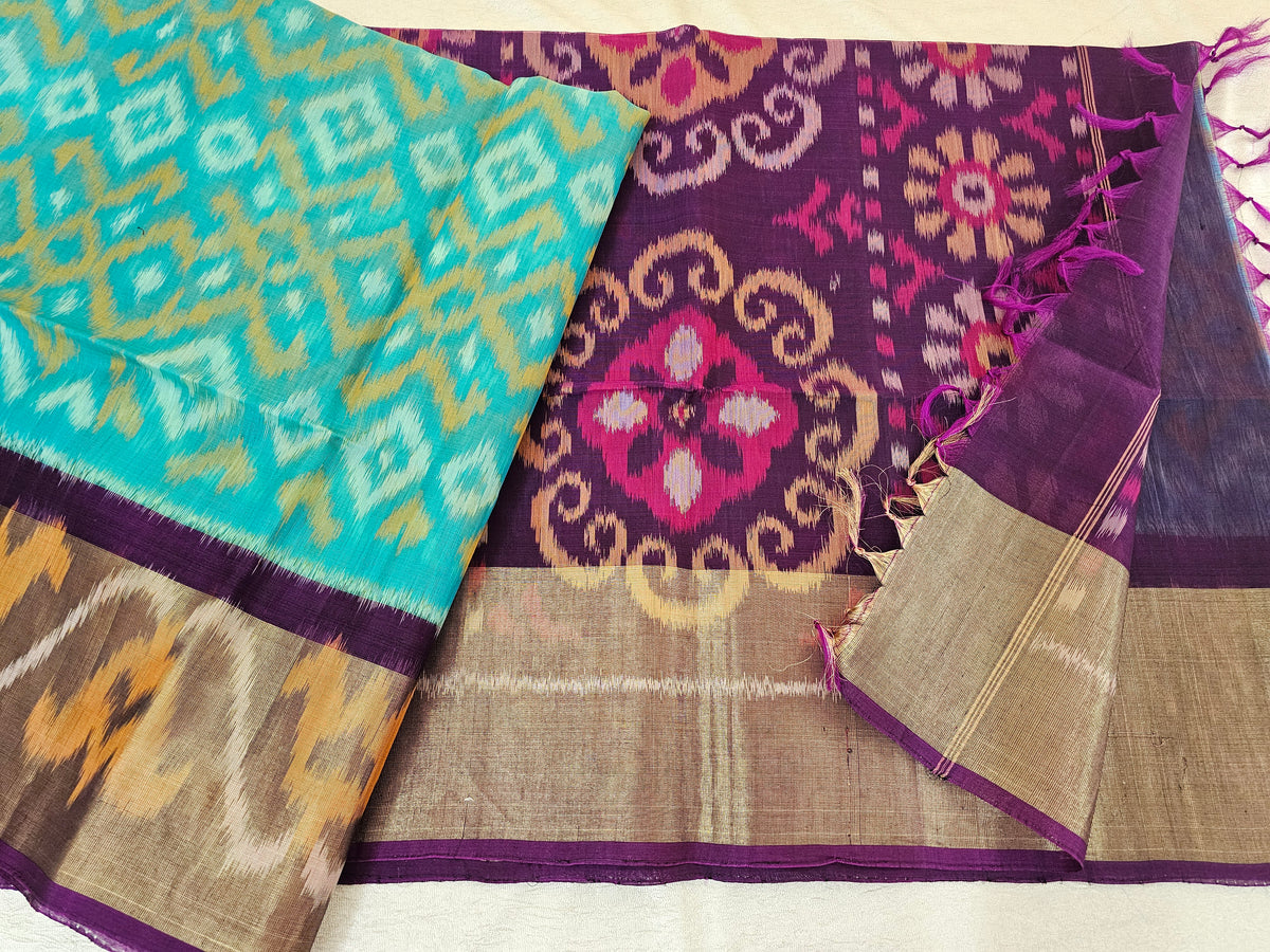 Blue with Purple Pochampally Ikkat Silk Cotton (SICO Pattu)
