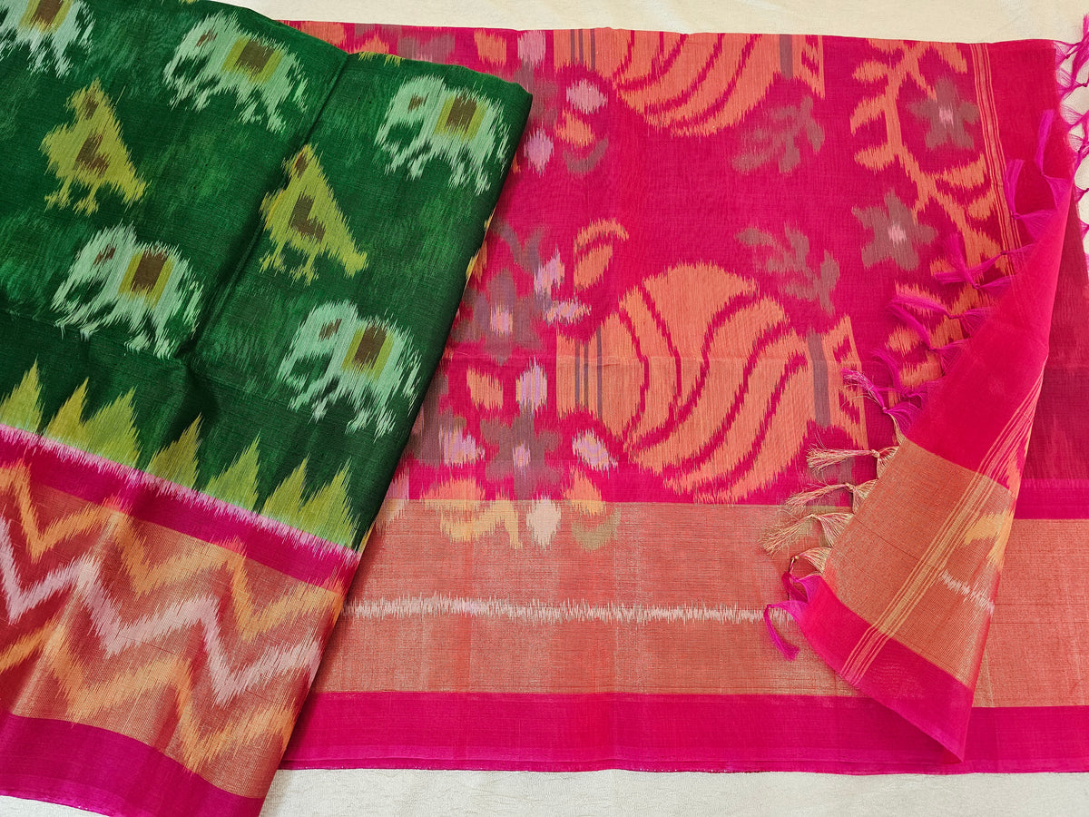 Bottle Green with Pink Pochampally Ikkat Silk Cotton (SICO Pattu)