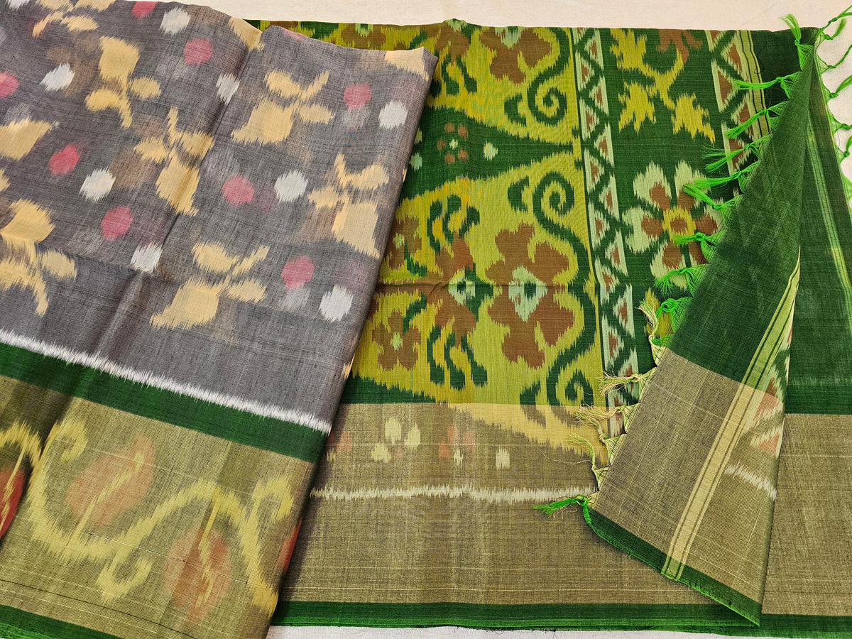 Grey with Green Pochampally Ikkat Silk Cotton (SICO Pattu)