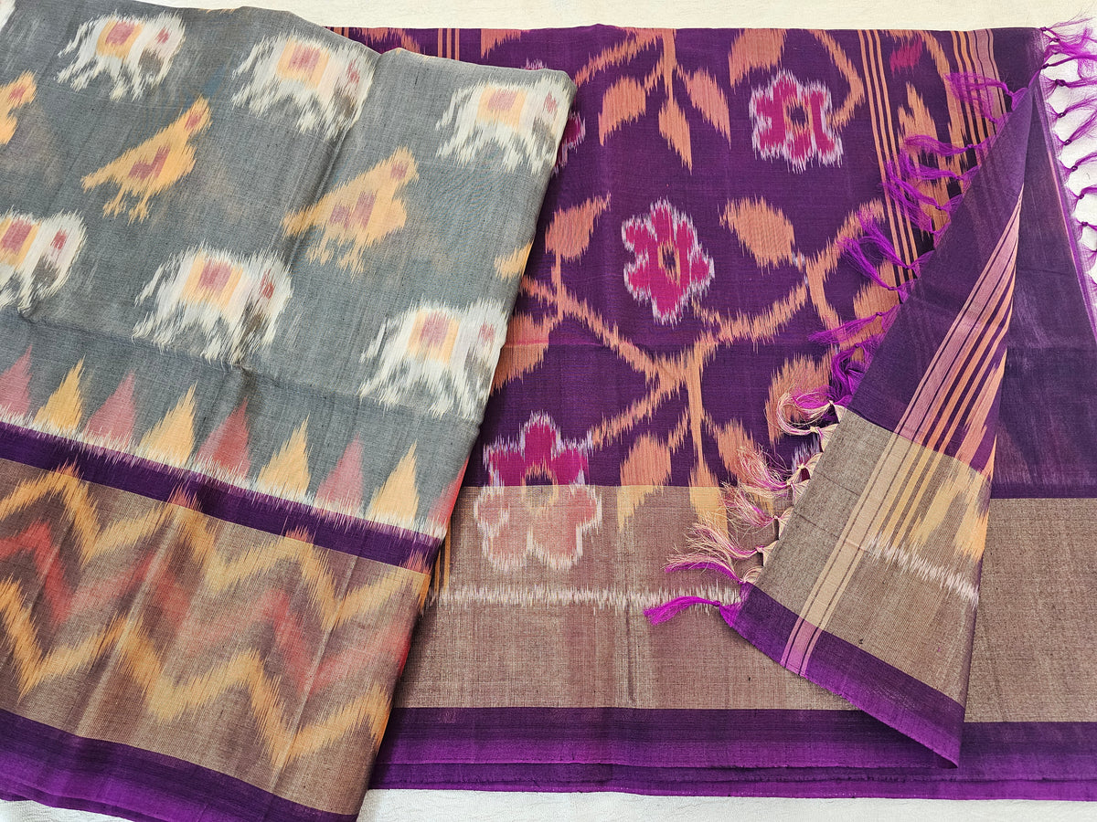 Grey with Purple Pochampally Ikkat Silk Cotton (SICO Pattu)