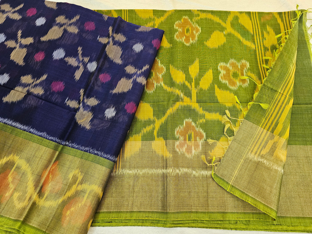 Blue with Green Pochampally Ikkat Silk Cotton (SICO Pattu)