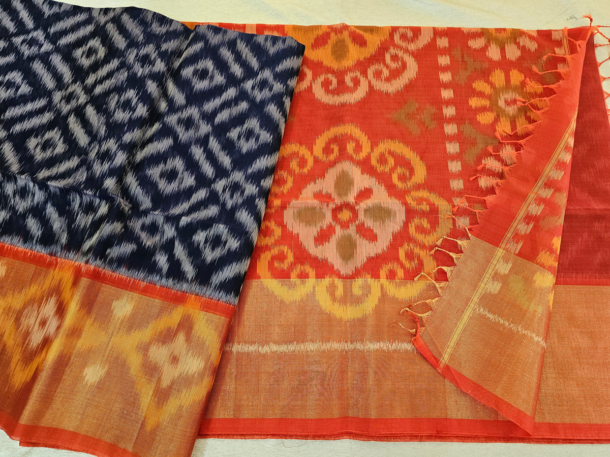 Blue with Orange Pochampally Ikkat Silk Cotton (SICO Pattu)