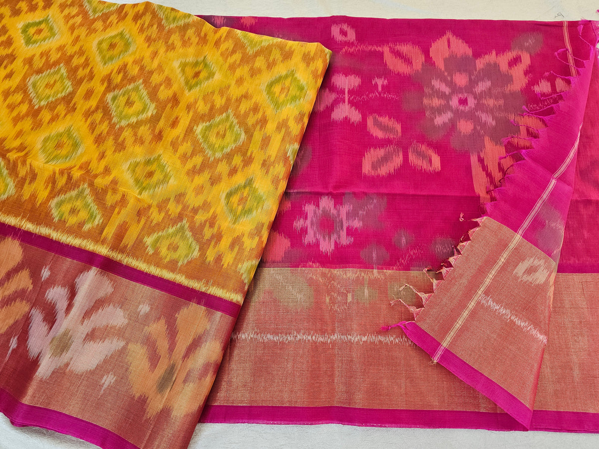 Yellow with Pink Pochampally Ikkat Silk Cotton (SICO Pattu)