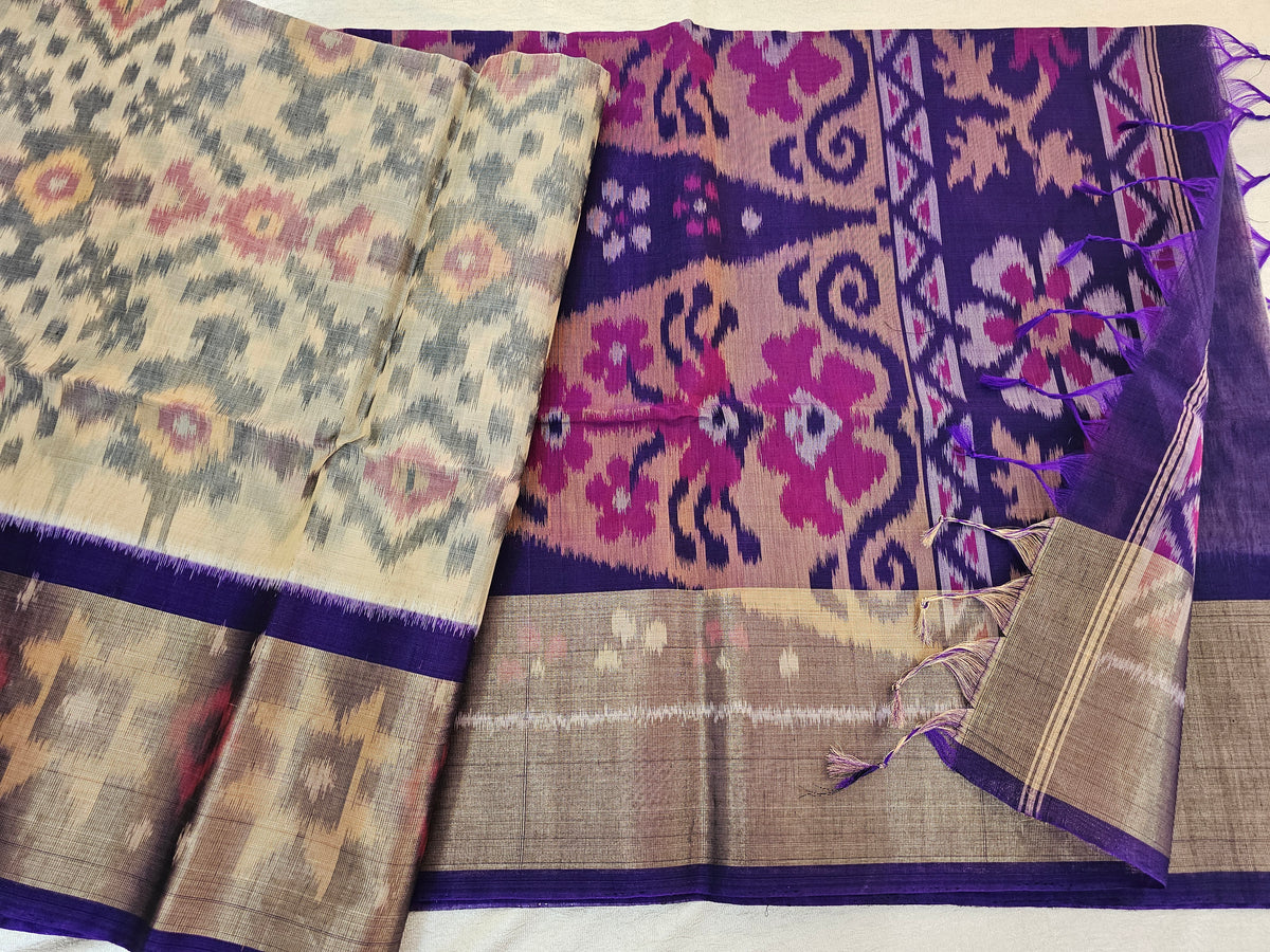 Cream with Violet Pochampally Ikkat Silk Cotton (SICO Pattu)