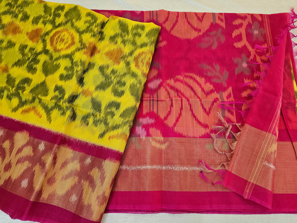 Yellow with Pink Pochampally Ikkat Silk Cotton (SICO Pattu)