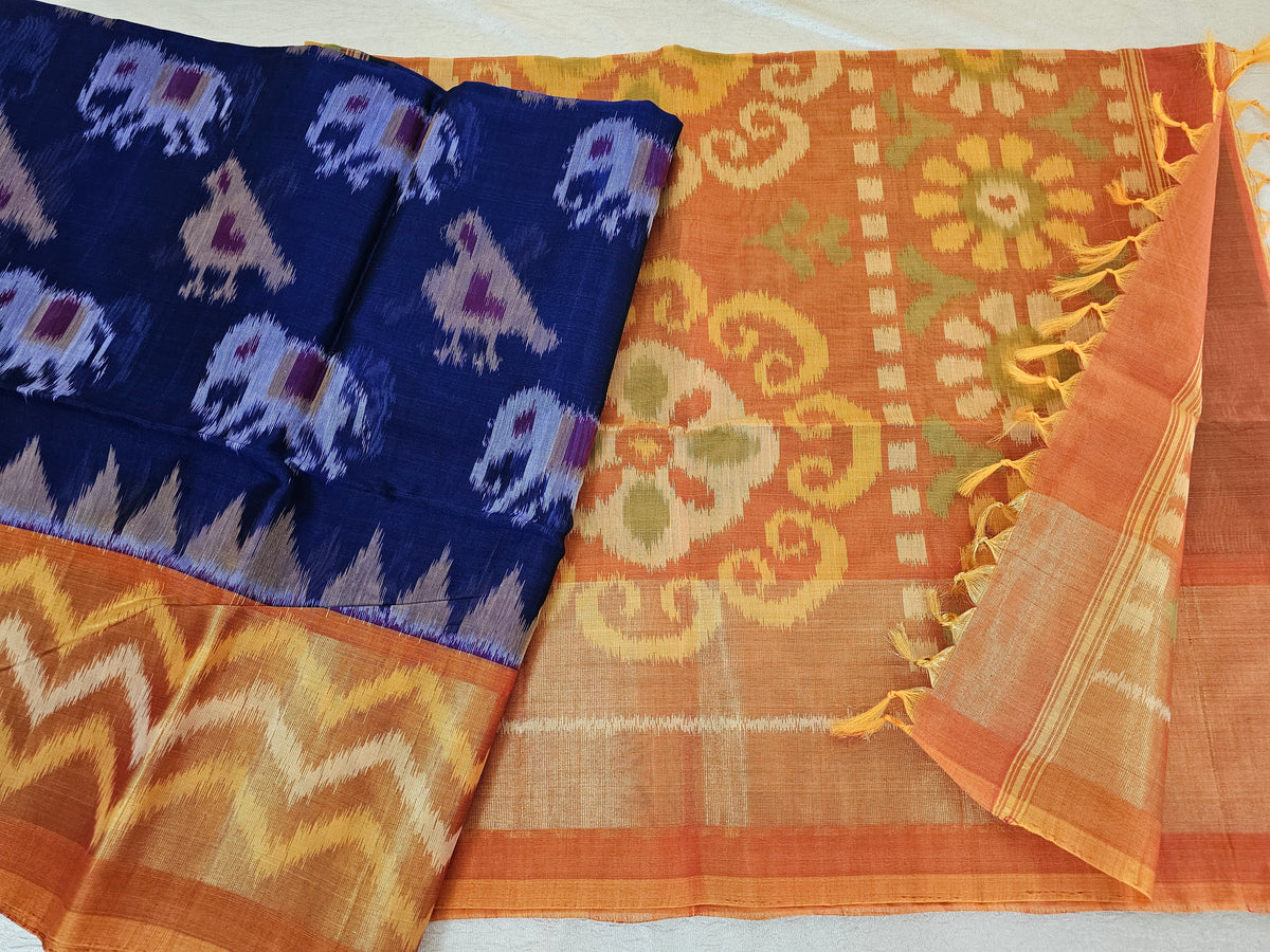 Royal Blue with Mustard Yellow Pochampally Ikkat Silk Cotton (SICO Pattu)