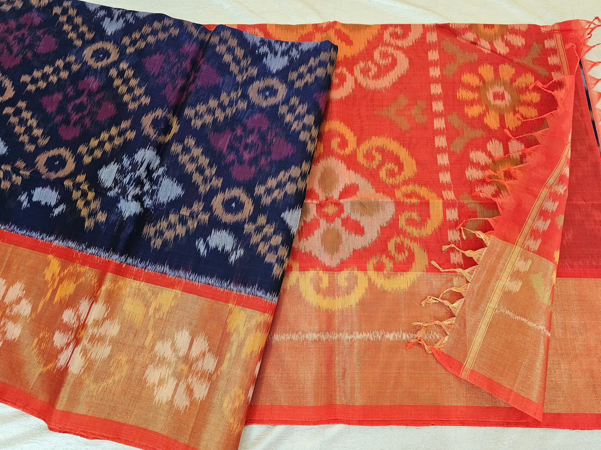 Blue with Orange Pochampally Ikkat Silk Cotton (SICO Pattu)