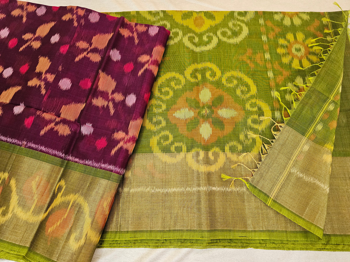 Purple with Green Pochampally Ikkat Silk Cotton (SICO Pattu)