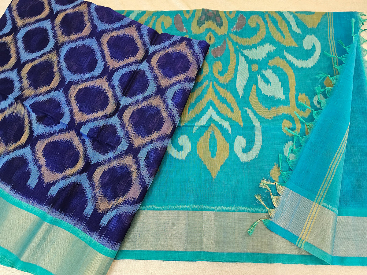 Dark Blue with Sky Blue Pochampally Ikkat Silk Cotton (SICO Pattu)