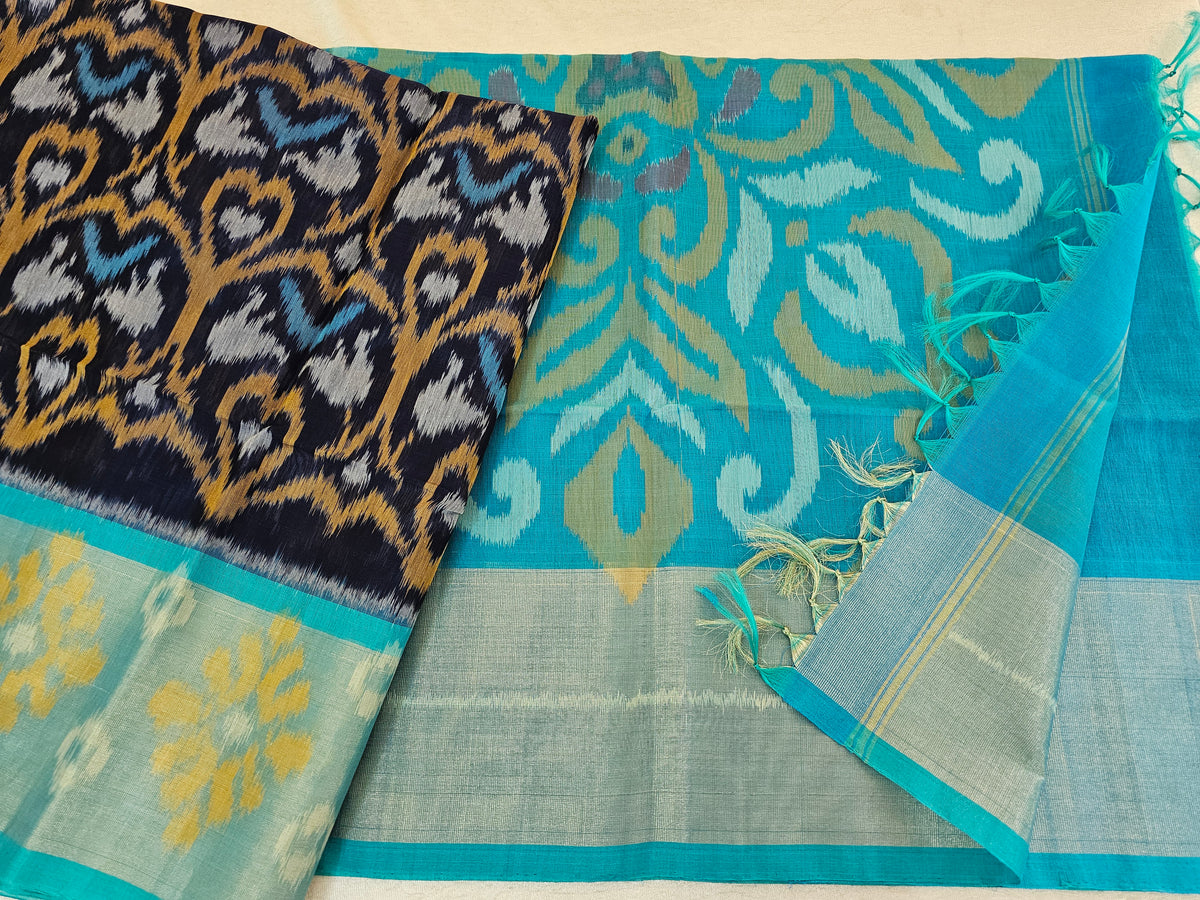 Dark Blue with Sky Blue Pochampally Ikkat Silk Cotton (SICO Pattu)