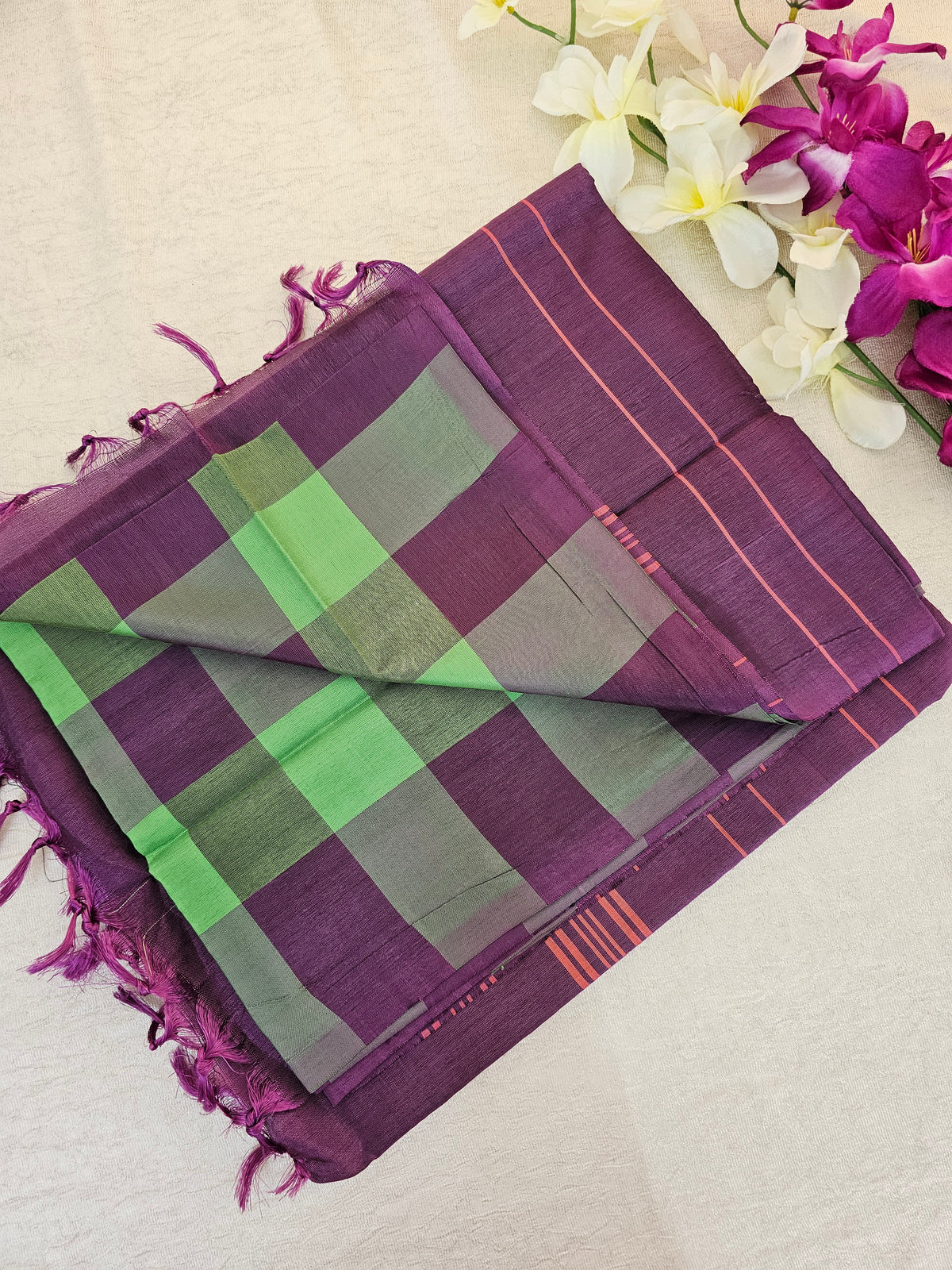 Green with Purple Checks Chinnalampattu Saree