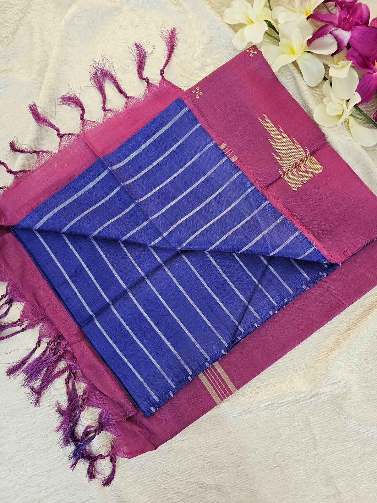 Blue with Magenta Pink Stripes Chinnalampattu Saree