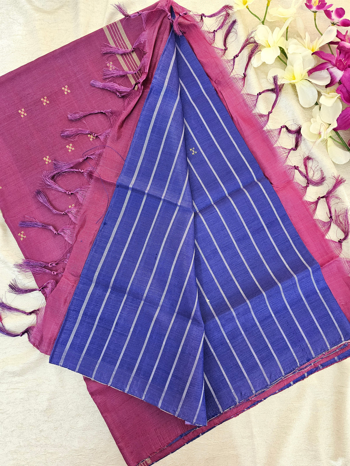 Blue with Magenta Pink Stripes Chinnalampattu Saree