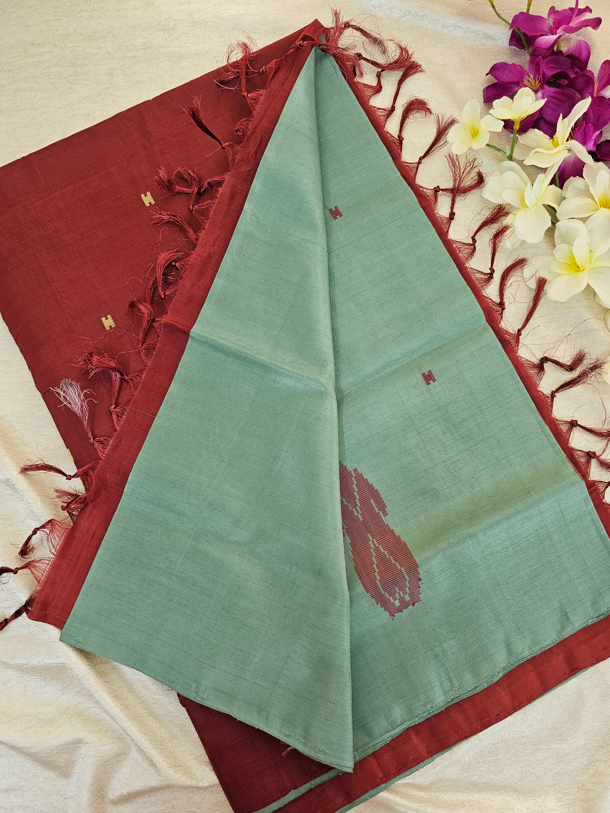 Sea Green with Marron Pallu Handwoven Chinnalampattu Saree