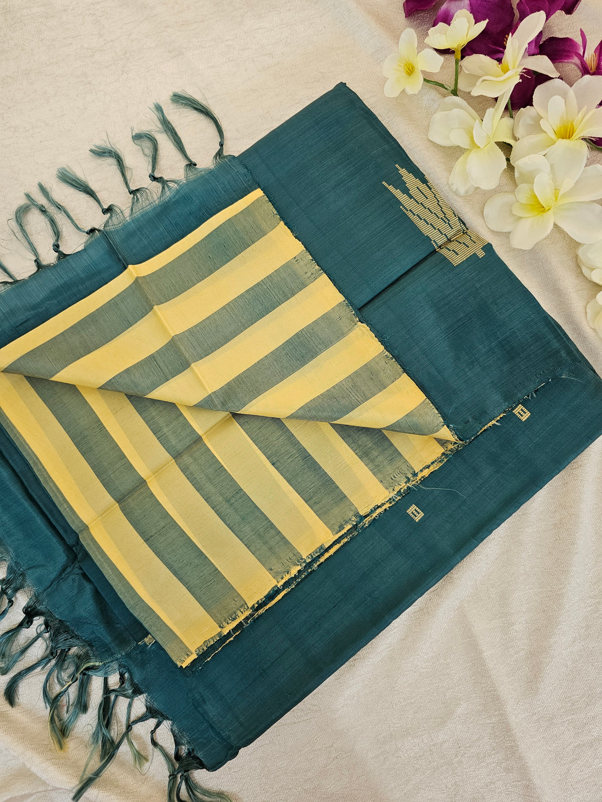 Sandal cum Peacock Green Stripes Handwoven Chinnalampattu Saree