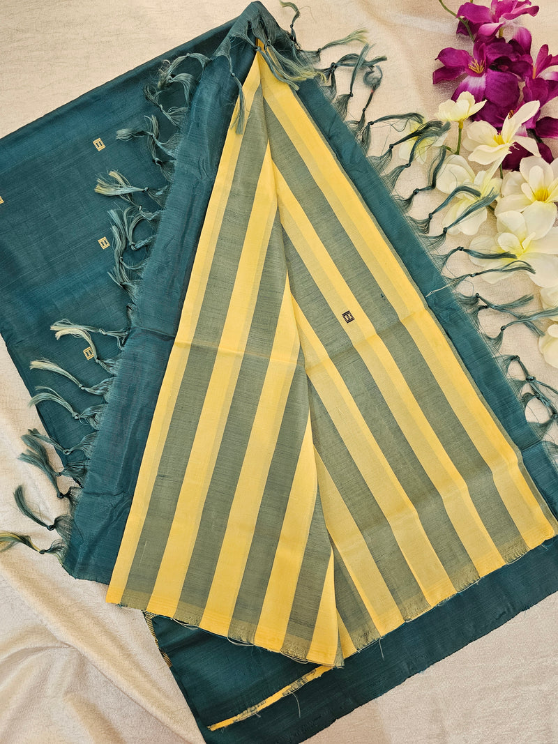 Sandal cum Peacock Green Stripes Handwoven Chinnalampattu Saree