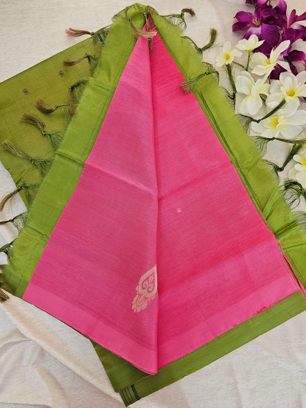 Pink with Green Pallu Handwoven Chinnalampattu Saree