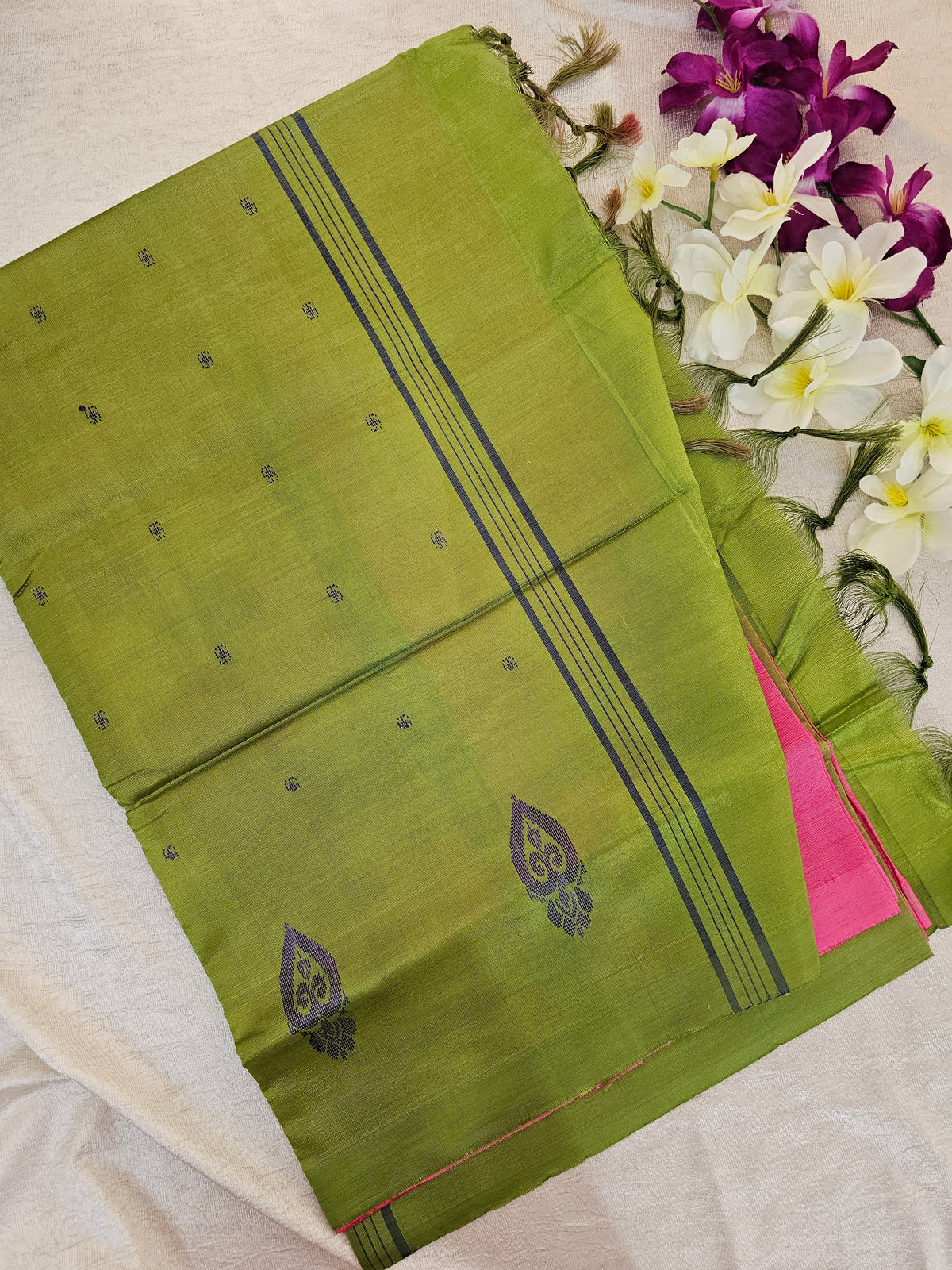 Pink with Green Pallu Handwoven Chinnalampattu Saree