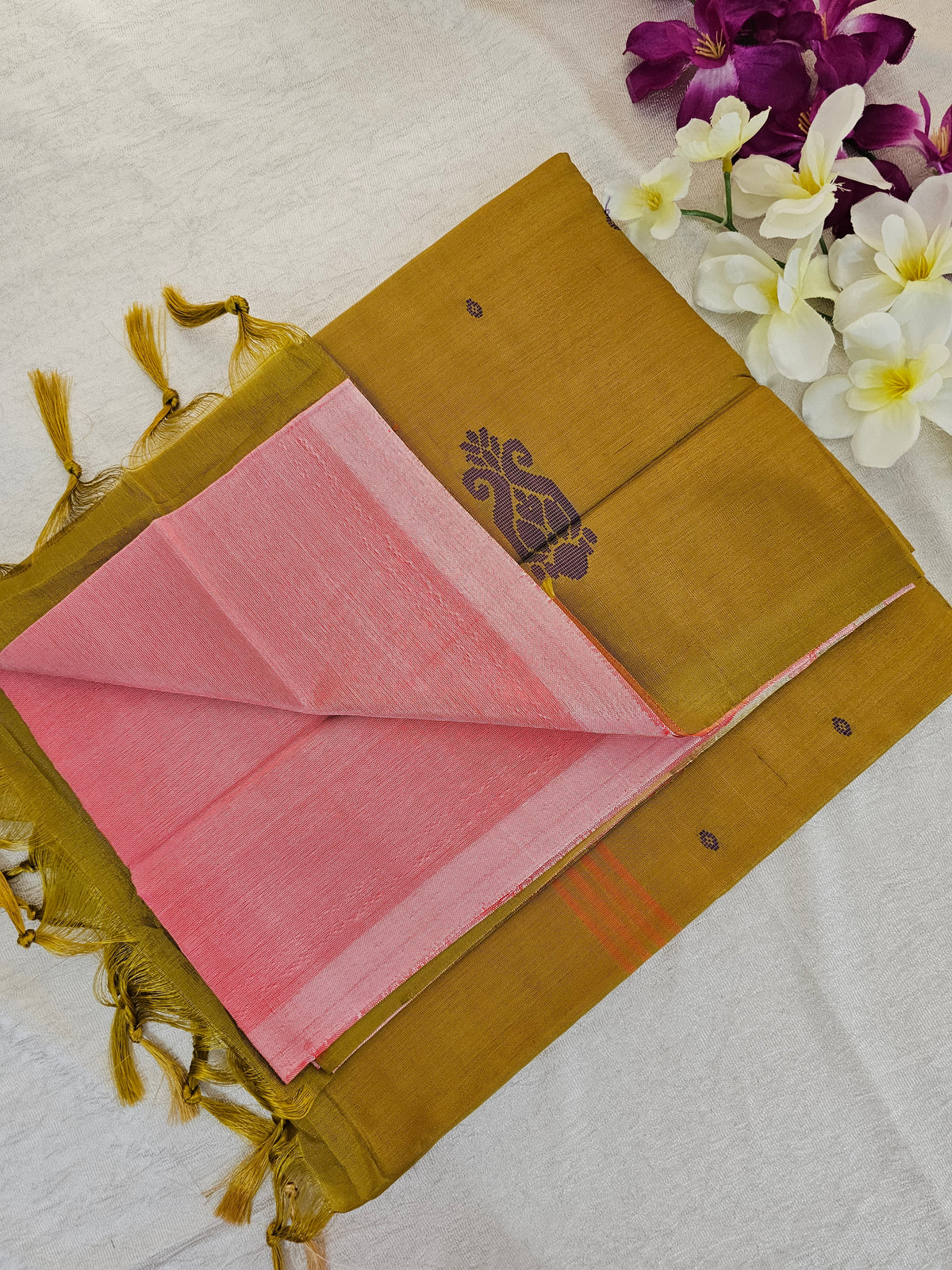 Pink with Golden Brown Pallu  Handwoven Chinnalampattu Saree