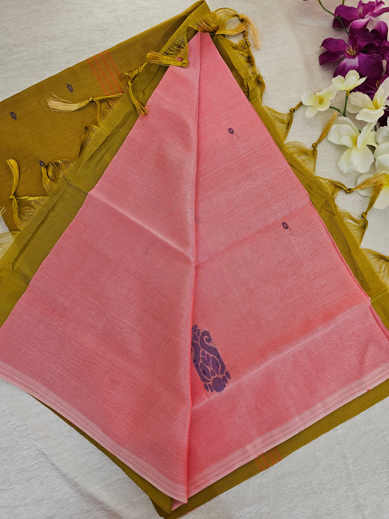 Pink with Golden Brown Pallu  Handwoven Chinnalampattu Saree