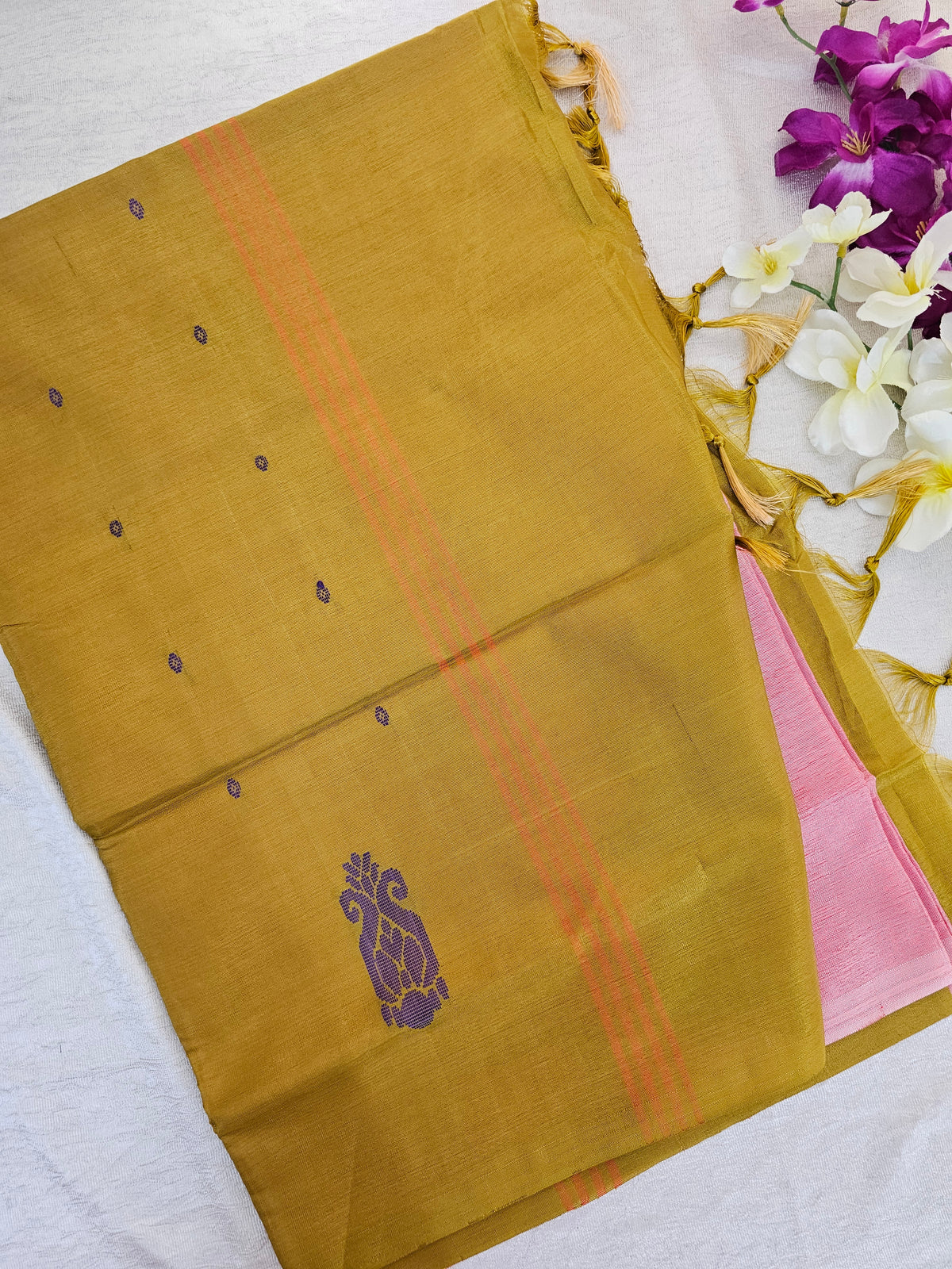 Pink with Golden Brown Pallu  Handwoven Chinnalampattu Saree