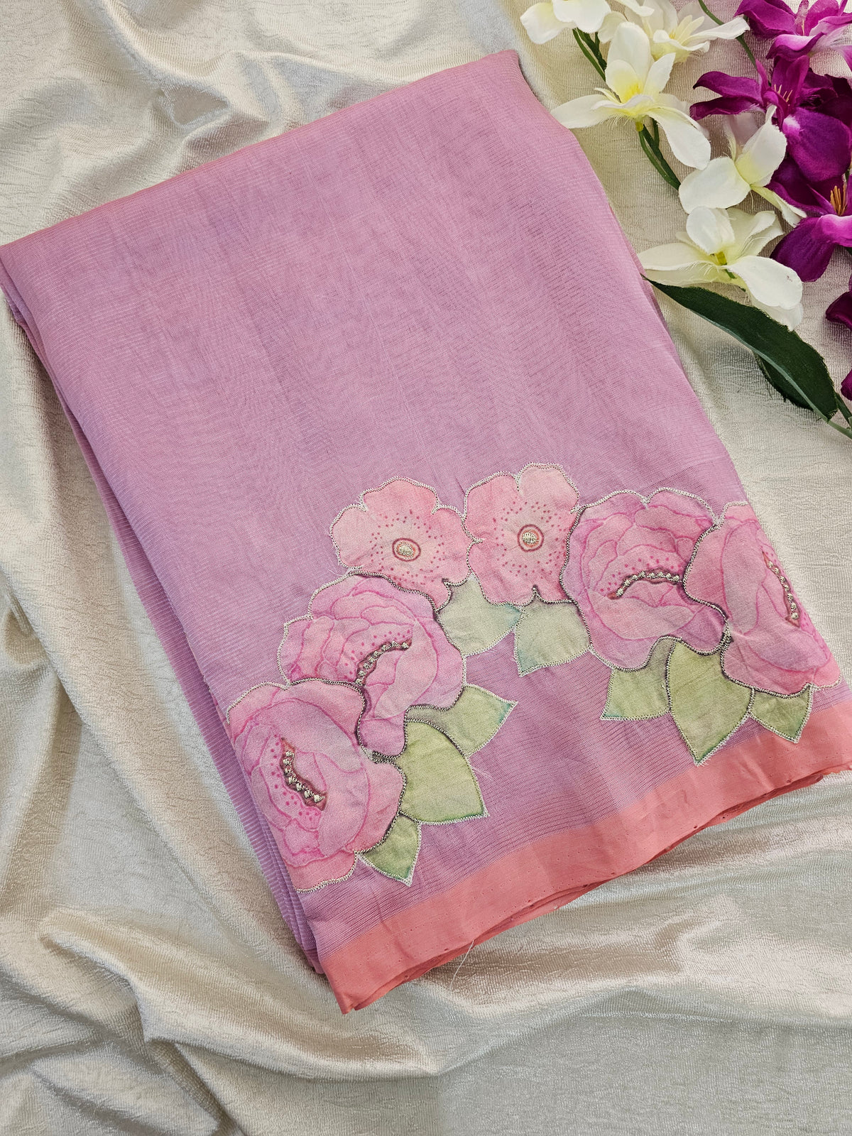 Handwoven Mangalagiri Pattu Saree with Floral Patch Work -  Peachish Pink