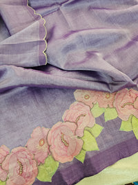 Handwoven Mangalagiri Pattu Saree with Floral Patch Work - Lavender